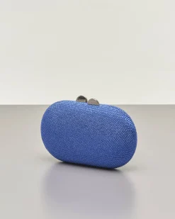 Clutch ovale blu China con strass applicati all over e chiusura a scatto a sfera