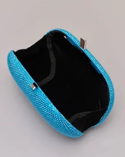 Clutch ovale con strass turchesi applicati e chiusura a scatto