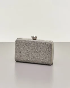 Clutch rigida color grigia in lurex con strass tono su tono applicati sul davanti e chiusura a gioiello a scatto