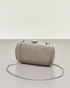 Clutch rigida grigia a forma ovale in lurex con strass tono su tono applicati sul davanti con chiusura a gioiello a scatto