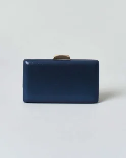 Cluth blu Anna Cecere in similpelle effetto laminato con chiusura a diamante in metallo dorato