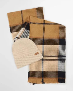 Cofanetto Barbour con sciarpa a fantasia tartan cammello e blu con berretto avorio a coste con risvolto
