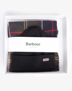 Cofanetto Barbour idea regalo composto da sciarpa tartan check militare e blu e berretto nero
