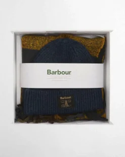 Cofanetto Barbour idea regalo composto da sciarpa tartan check verde militare e ocra e berretto blu