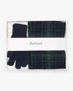 Cofanetto Barbour idea regalo composto da sciarpa tartan check blu e verde e guanto blu