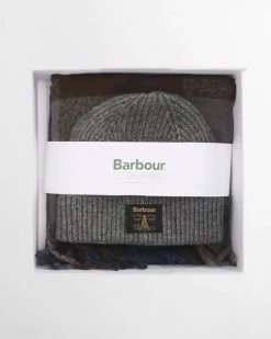 Cofanetto Barbour idea regalo composto da sciarpa tartan check grigia blu e marrone e berretto grigio