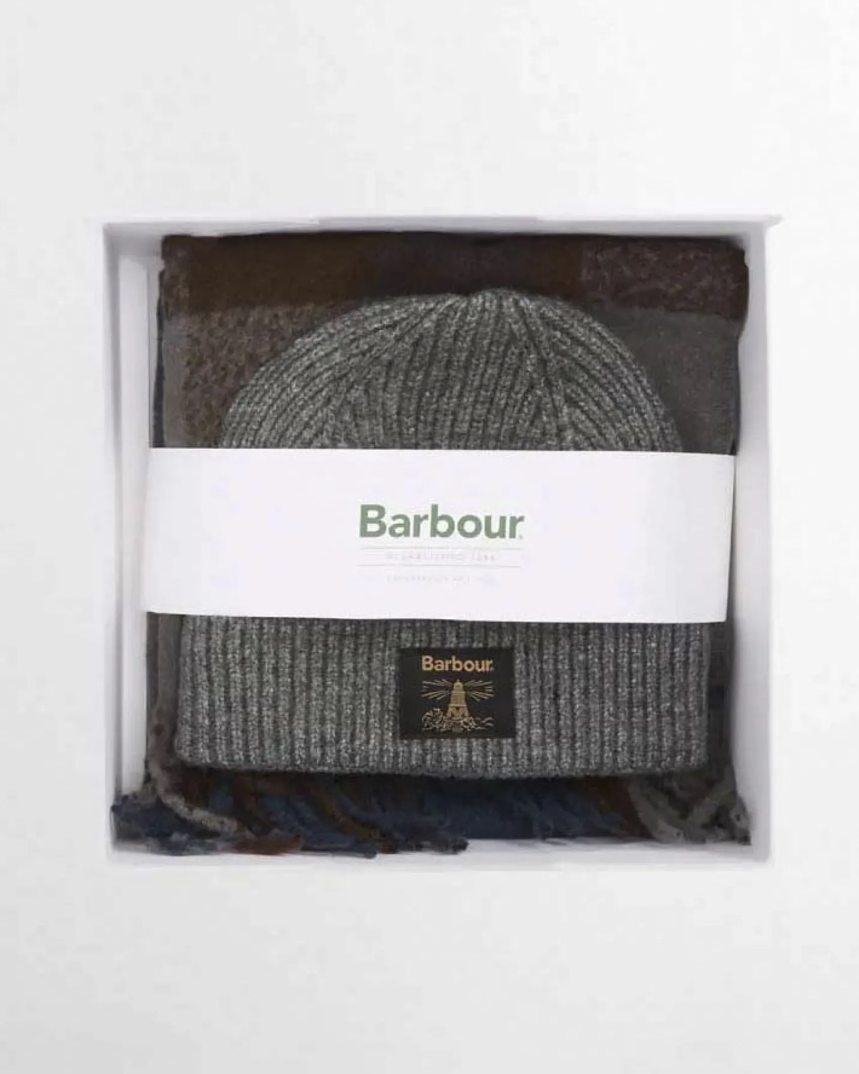 Cofanetto Barbour idea regalo composto da sciarpa tartan check grigia blu e marrone e berretto grigio