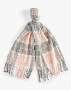 Cofanetto Barbour sciarpa a fantasia tartan rosa e berretto grigio a coste con pon pon in ecopelliccia