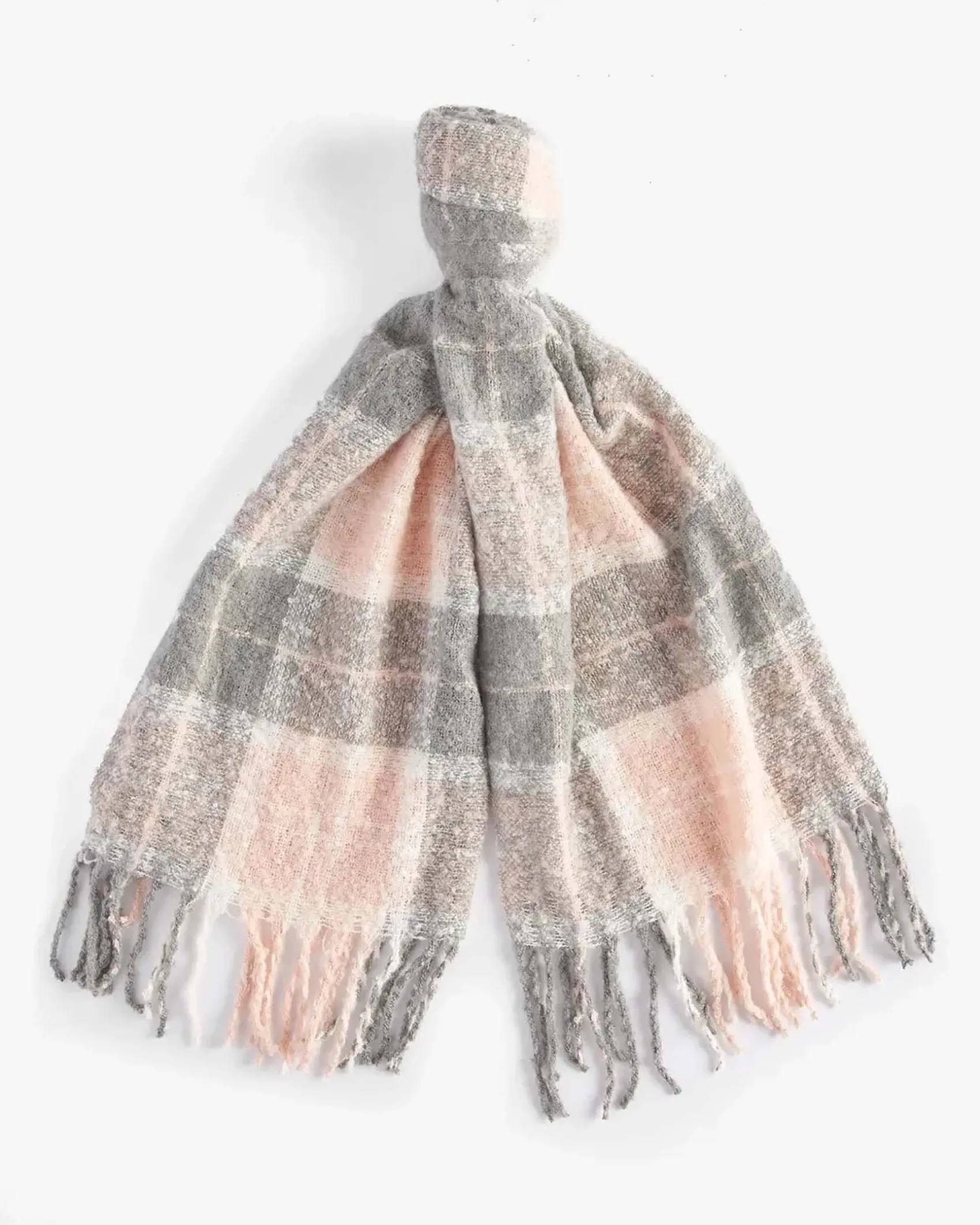 Cofanetto Barbour sciarpa a fantasia tartan rosa e berretto grigio a coste con pon pon in ecopelliccia