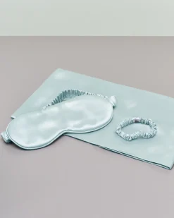 Cofanetto federa, mascherina e scrunchie color acqua in pura seta di gelso