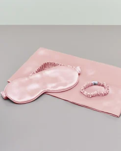 Cofanetto federa, mascherina e scrunchie rosa in pura seta di gelso