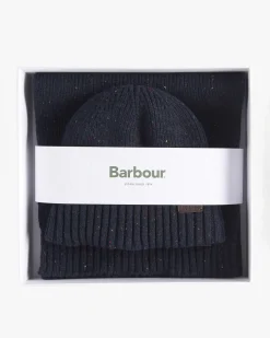 Cofanetto idea regalo Barbour composto da sciarpa e berretto blu in lana bottonata