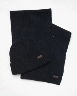 Cofanetto idea regalo Barbour composto da sciarpa e berretto blu in lana bottonata