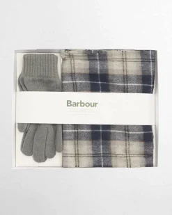Cofanetto idea regalo Barbour composto da sciarpa tartan check e guanto grigio