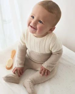Completo a due pezzzi beige e panna in misto cotone e lana tricot