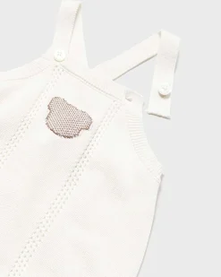 Completo avorio composto da t-shirt e salopette in maglia di cotone con orsetto jacquard 2-6 mesi