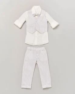 Completo composto da camicia bianca con gilet e pantalone a righe panna e beige 9-36 mesi