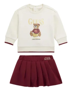 Completo Guess felpa avorio e minigonna bordeaux in puro cotone