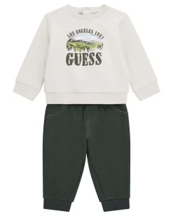 Completo Guess felpa beige e jogger verde in puro cotone