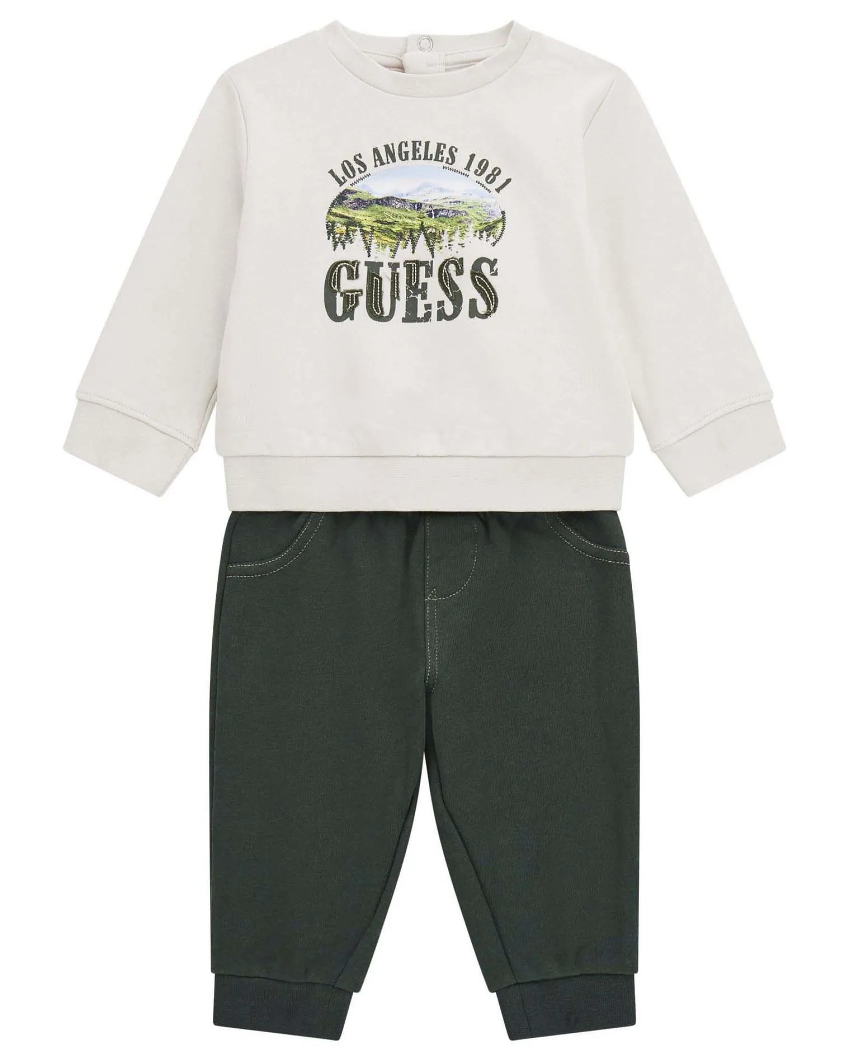 Completo Guess felpa beige e jogger verde in puro cotone