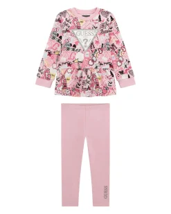 Completo Guess felpa e leggins rosa multifantasia in puro cotone