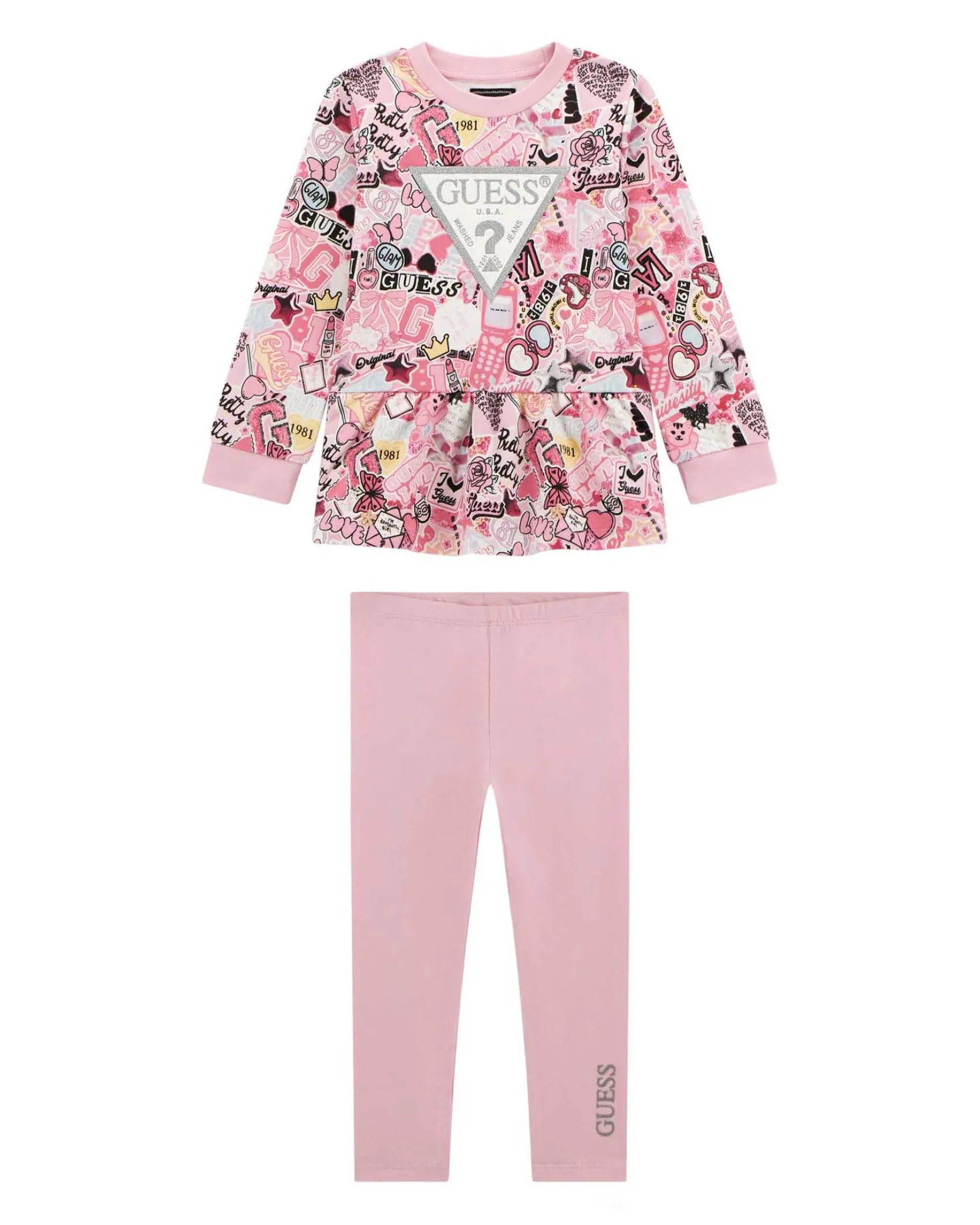 Completo Guess felpa e leggins rosa multifantasia in puro cotone