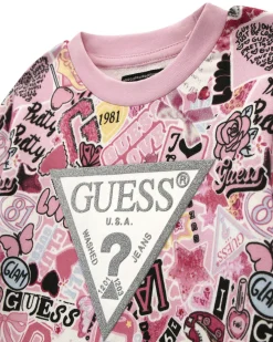 Completo Guess felpa e leggins rosa multifantasia in puro cotone
