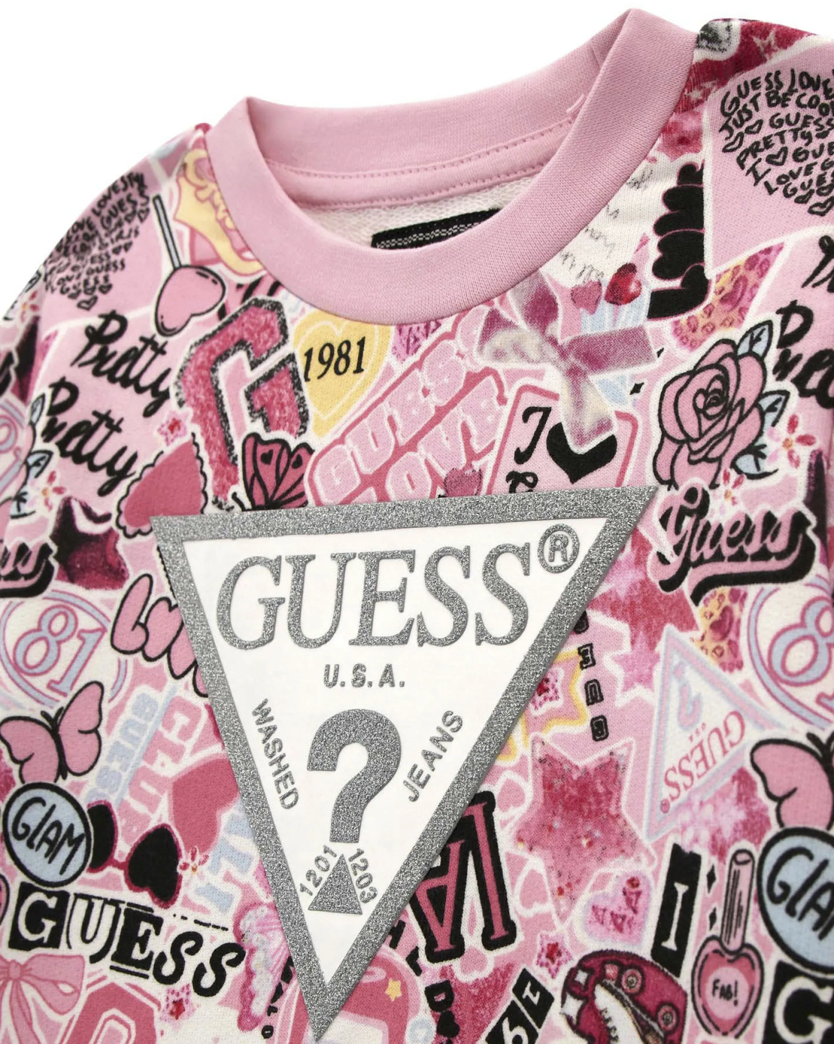 Completo Guess felpa e leggins rosa multifantasia in puro cotone