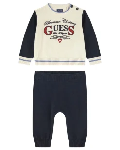Completo Guess maglia avorio e blu e jogger blu in maglia tircot puro cotone