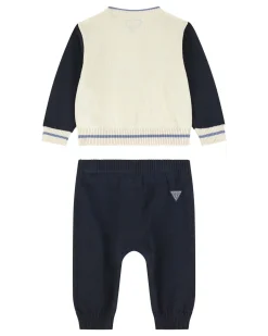 Completo Guess maglia avorio e blu e jogger blu in maglia tircot puro cotone