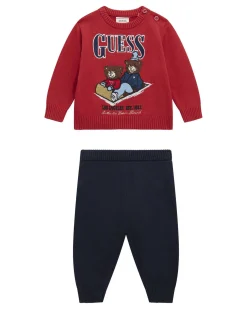 Completo Guess rosso e blu in maglia con orsetto tricot