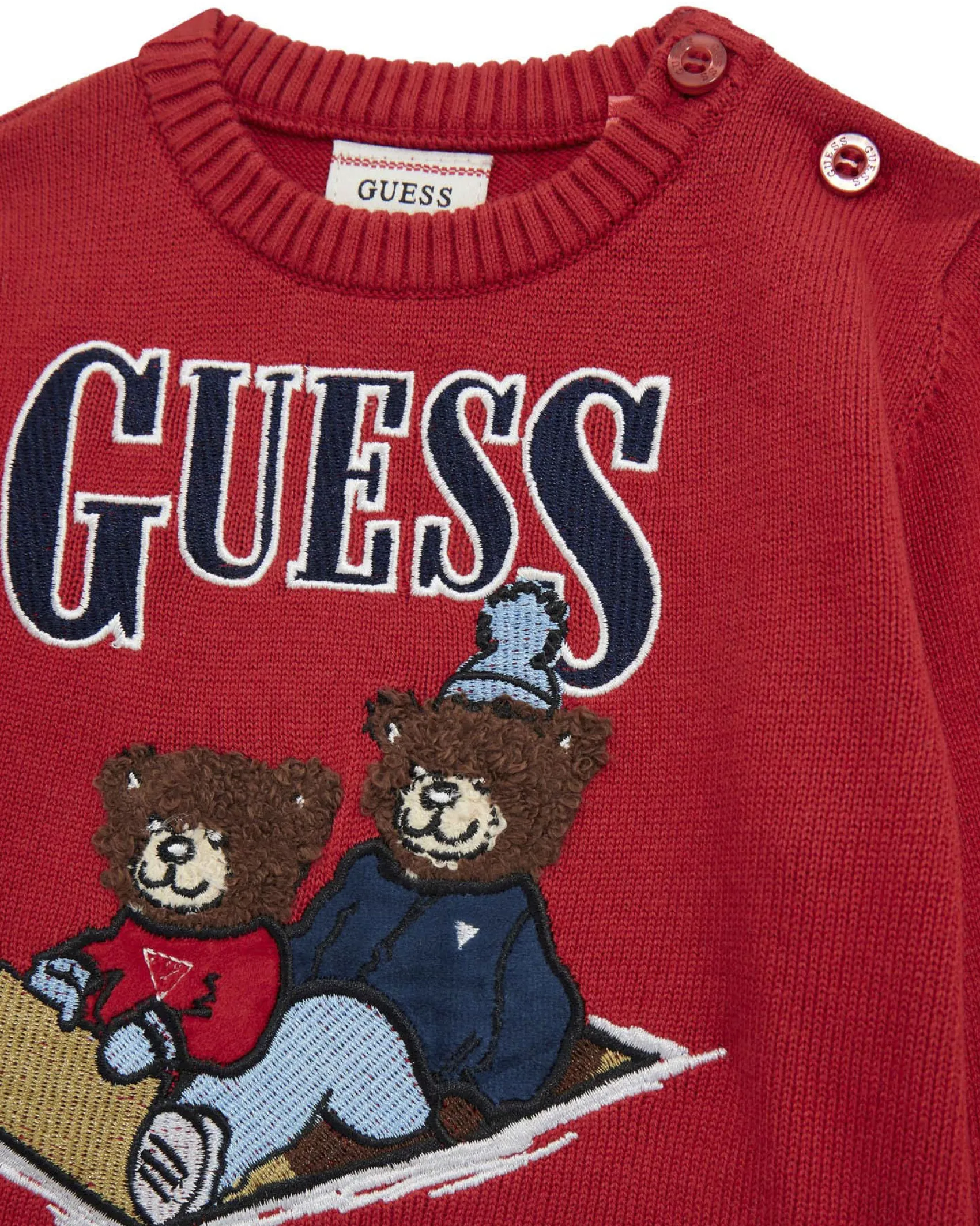 Completo Guess rosso e blu in maglia con orsetto tricot