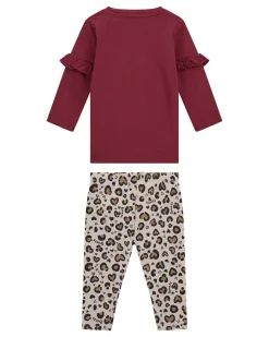 Completo in cotone stretch con maglia rossa e leggins maculato a cuori