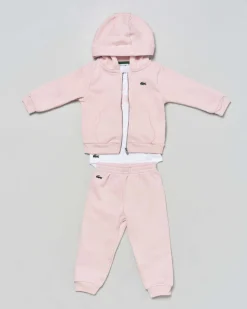 Completo Lacoste felpa e pantalone rosa con body bianco
