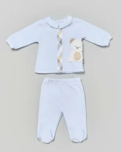 Completo Lalalù azzurro in ciniglia con orsetto ricamato e dettaglio tartan check