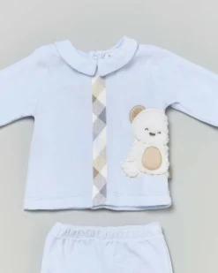 Completo Lalalù azzurro in ciniglia con orsetto ricamato e dettaglio tartan check