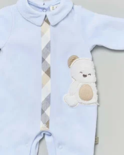 Completo Lalalù azzurro in ciniglia con orsetto ricamato e fantasia tartan check