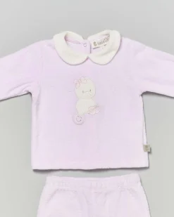 Completo Lalalù rosa in ciniglia con peperella ricamata e smiles soffusi