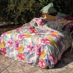 Completo lenzuola a due piazze Kentia in cotone bianco a stampa felci multicolore