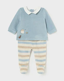 Completo Mayoral azzurro e beige in velluto a due pezzi