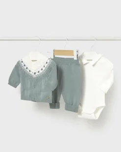 Completo Mayoral in puro cotone maglia body e pantalone verde acqua tricot