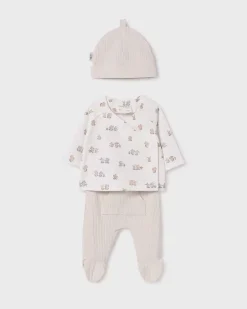 Completo nascita avorio e beige con fantasia animaletti e cappellino