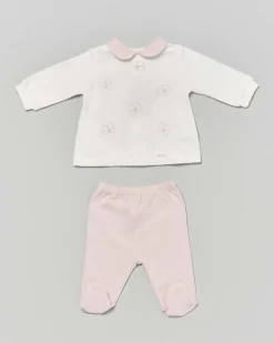 Completo nascita Lalalù bianco e rosa con fiori ricamati