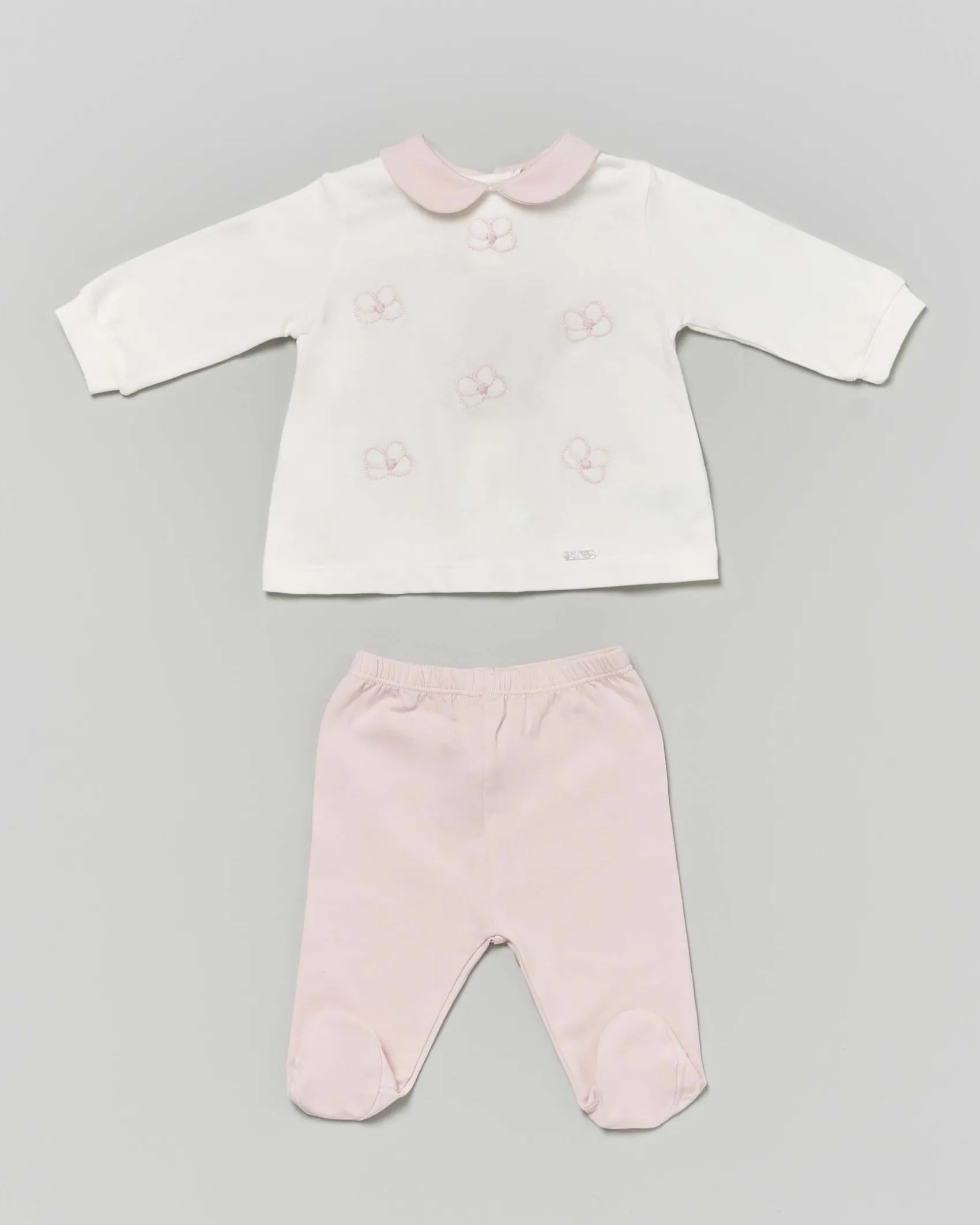 Completo nascita Lalalù bianco e rosa con fiori ricamati