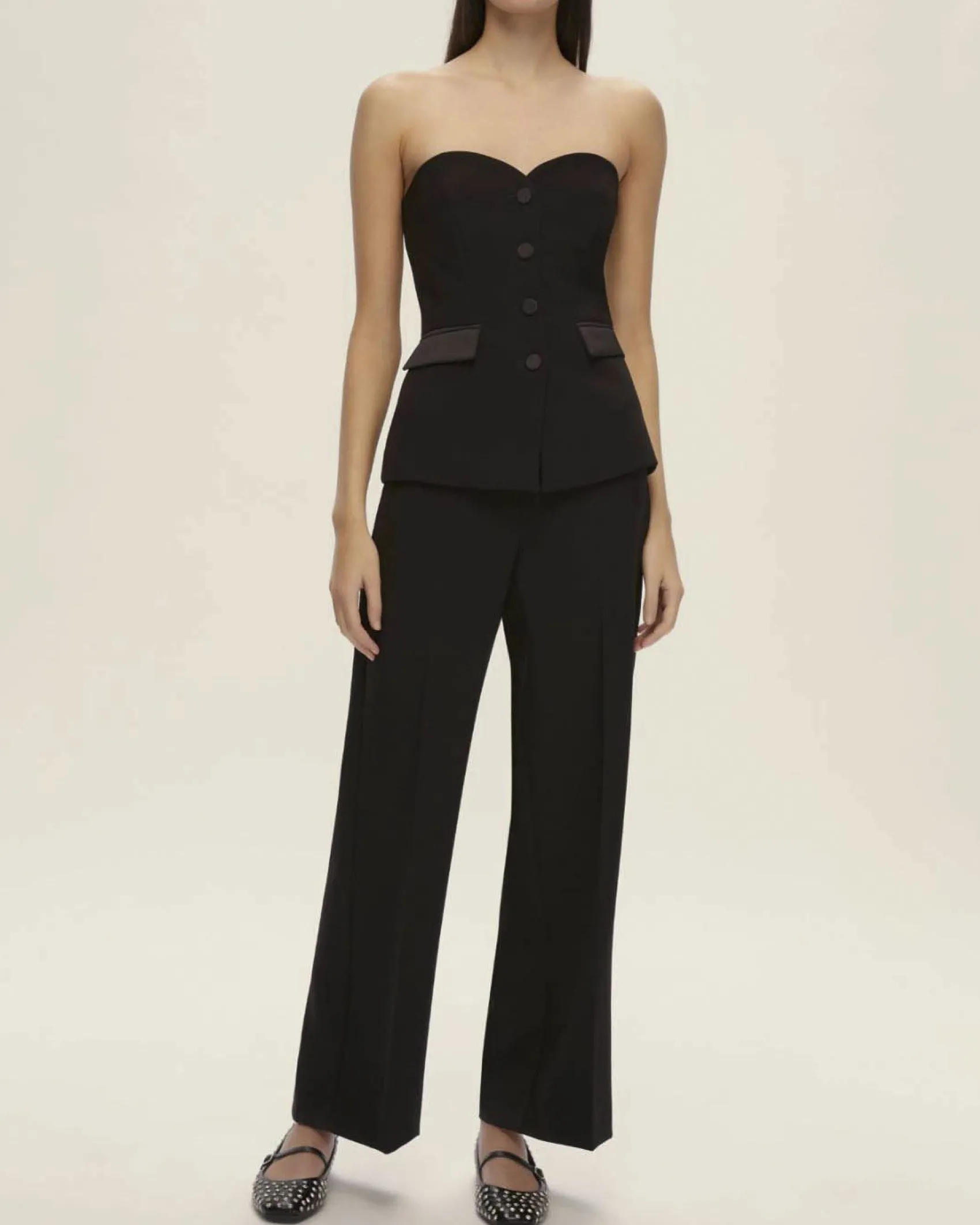 Completo nero Emme Marella a bustier con scollo a cuore e pantalone straight con vita in raso