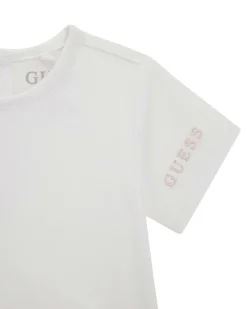 Completo salopette blu e body bianco Guess in cotone stretch