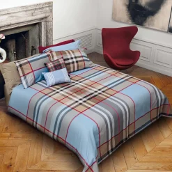 Copriletto trapuntato a una piazza e mezza a fantasia tartan azzurro e beige