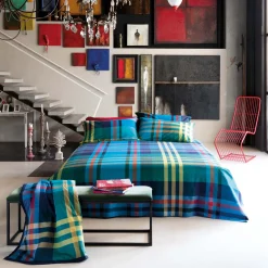 Copripiumino a due piazze a fantasia tartan blu royal a righe multicolore