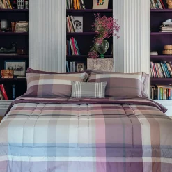 Copripiumino a due piazze a fantasia tartan color malva e beige