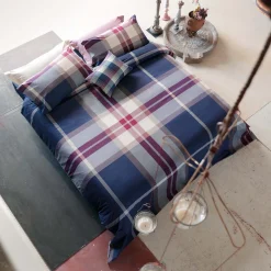Copripiumino a due piazze a fantasia tartan blu e malva